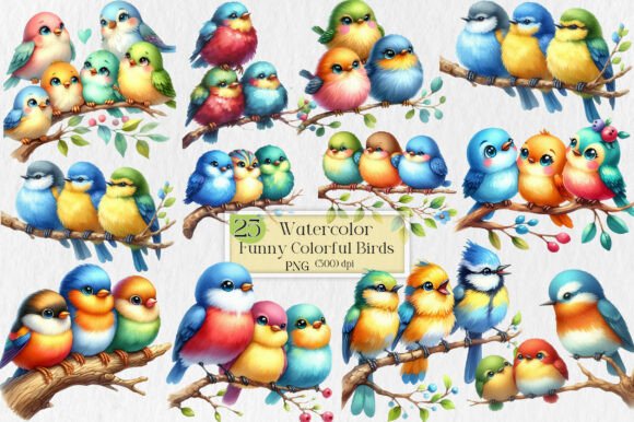 Funny Colorful Birds Watercolor Clipart