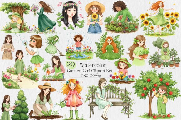 Garden Girl Clipart Set: Versatile, High-Quality Digital Art for Creators and Entrepreneurs