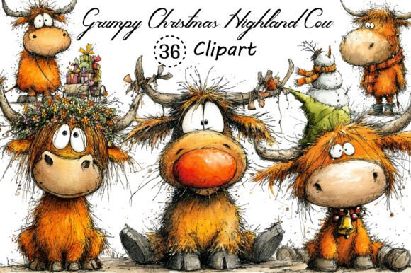 Grumpy Christmas Highland Cow Clipart