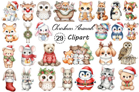 Kawaii Vintage Christmas Animals Clipart: Cute, Versatile & Ready for Your Creative Projects
