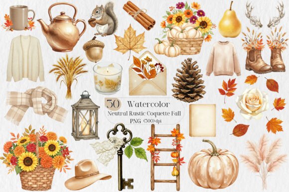 Neutral Rustic Coquette Fall Clipart: Effortless Charm for Modern Makers
