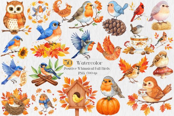Positive Whimsical Fall Birds Clipart