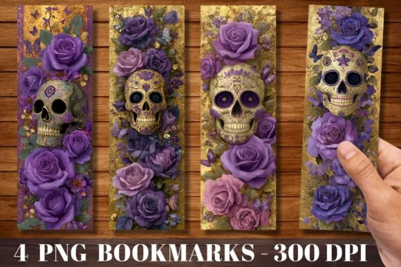 Sugar Skull Purple Rose Floral Bookmark
