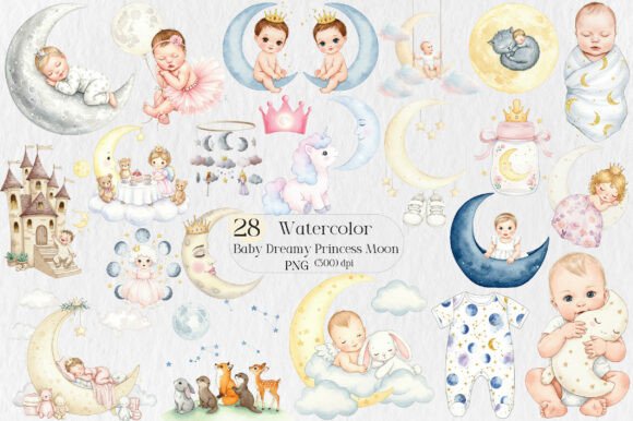 Watercolor Baby Dreamy Princess Moon PNG