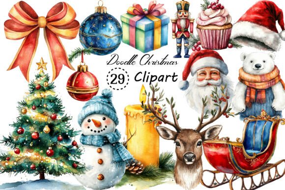 Watercolor Brush Doodle Christmas PNG
