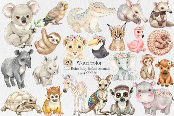 Watercolor Cute Boho Baby Safari Animals