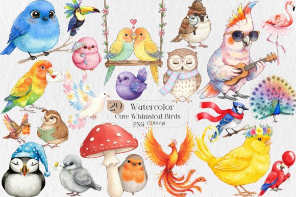 Watercolor Cute Whimsical Birds Clipart: Effortless, Versatile, and Ready to Inspire Your Next Creative Project
