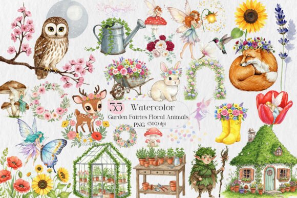 Watercolor Garden Fairies Floral Animals