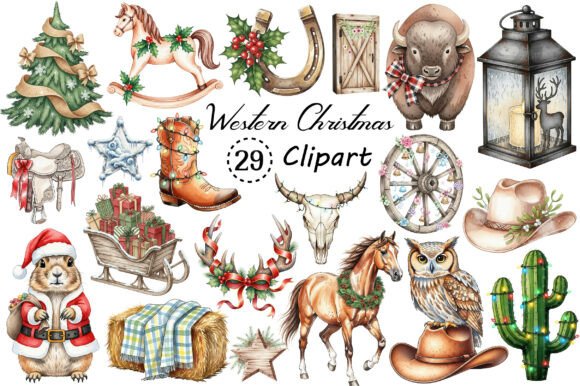Watercolor Western Christmas Clipart: Handcrafted Charm for Modern Makers