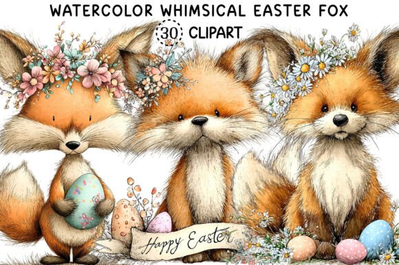 Watercolor Whimsical Easter Fox Clipart