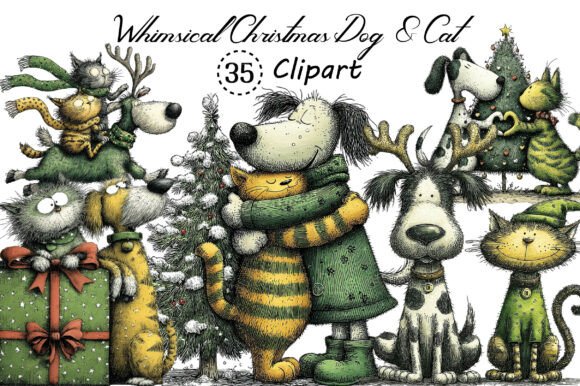 Whimsical Christmas Dog Cat Clipart for Real-World Creative Work